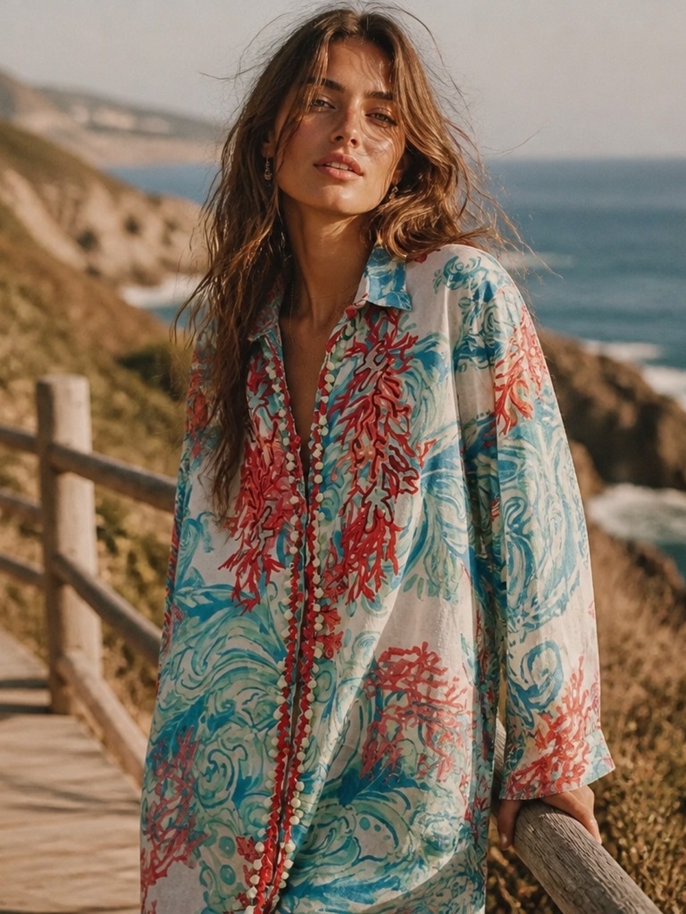 Womenâs Blue & Coral Printed Swim Cover-Up Shirt